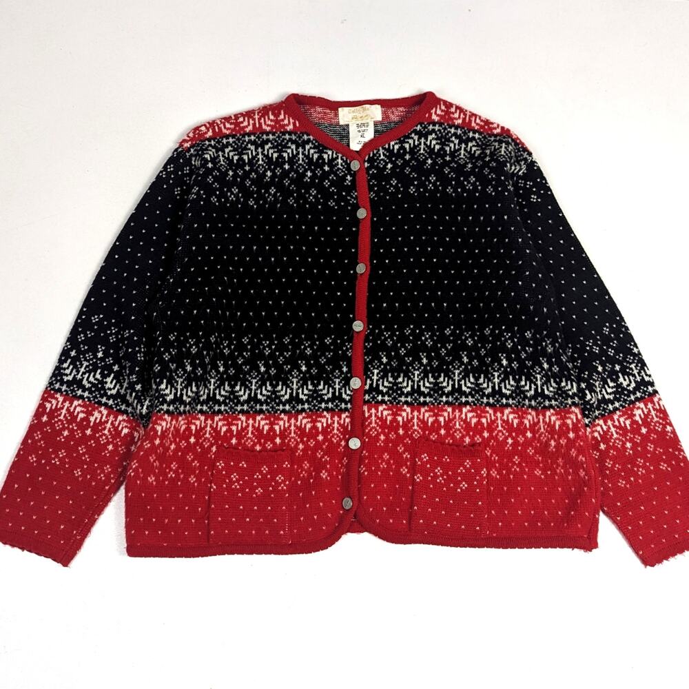 Vtg Tally-Ho Cardigan Sweater Sz XL Red Black Nordic Folk Christmas Holiday
